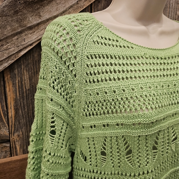 Cato Lime Green Open Knit Sweater Xl Short Sleeve See Through Cover Up EUC ^ - Picture 3 of 8